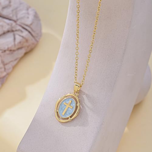 Bheop Cross Necklace for Women, 14K Gold Silver Enamel Pendant Necklace - color: Blue