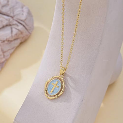 Bheop Cross Necklace for Women, 14K Gold Silver Enamel Pendant Necklace - color: Blue