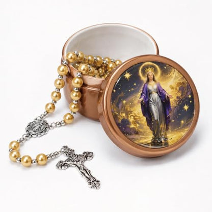 8mm Glass Pearl Rosary - Catholic Necklace for Men and Women Comes in a Metal Gift Box, First Communion Rosary Necklace as Gifts - color: Gilded Orange
