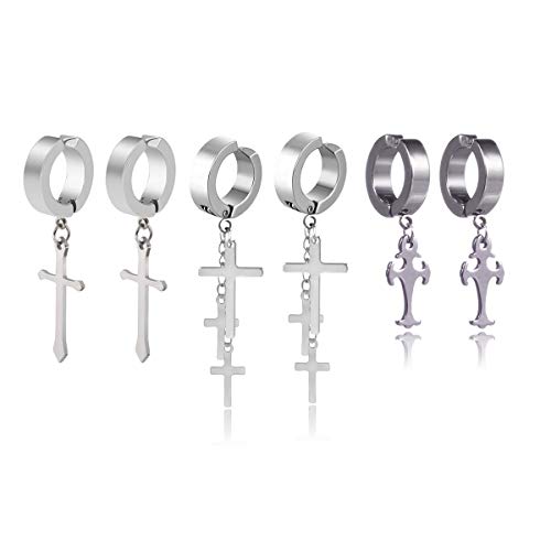 Non-pierced Earrings Set for Men Women Cross Titanium Steel Hoop Dangle Clip On Earring - style: set of silver