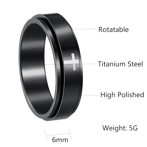Mens Fidget Rings Anxiety Ring for Men 6mm 8mm Chain Spinner Ring Size 5-14 - color: Jet Black