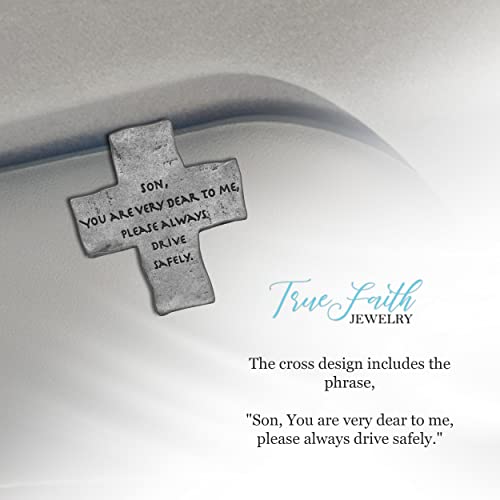 True Faith Jewelry Pewter Son Drive Safely Cross Car Visor Clip, New Driver Gifts from Mom and Dad, Fine Pewter (92% Tin), 2 x 1-3/4 Inch - size: Son