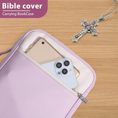 GERMUN Bible Cover with Durable Handle, Carrying Book Case Church Bag Bible, Protective with Zippered Pocket, Bible Accessories Supplies, Book Protector for Book Lovers, WhitPurple - color: White&Purple