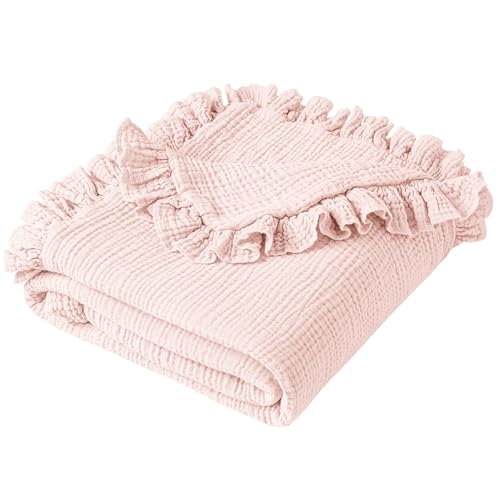 Konssy 100% Cotton Muslin Baby Blanket with Ruffle Trim for Girls, 43"x39" - color: Baby Pink