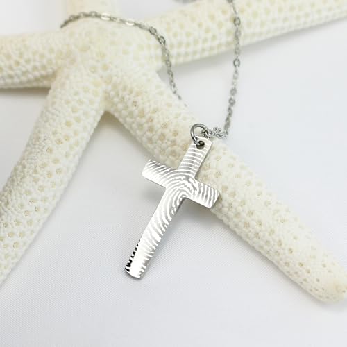 Personalized Engraved Fingerprint Cross Necklace Religious Stainless Steel Jewelry Memorized Motivate Pendant Name Message Pendants