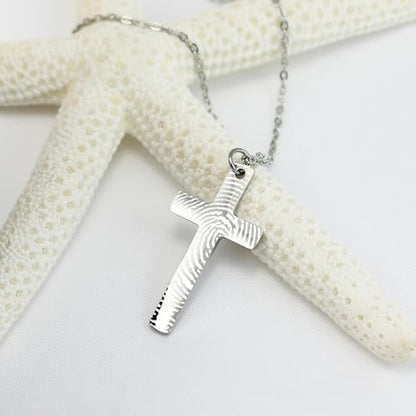 Personalized Engraved Fingerprint Cross Necklace Religious Stainless Steel Jewelry Memorized Motivate Pendant Name Message Pendants