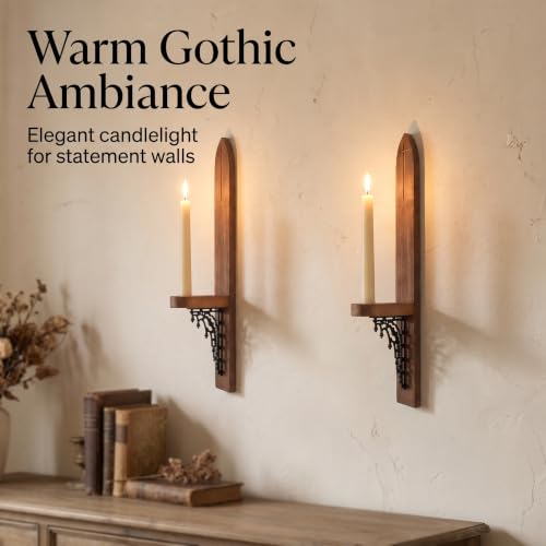 Gothic Wall Sconces, Wooden Wall Candle Holders, Brown, Set of 2