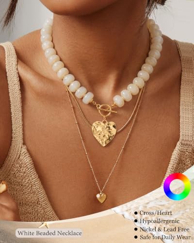 ZHESHY Chunky Beaded Necklaces for Women Heart Cross Statement Necklace - color: White 3