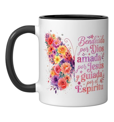 Bendecida Por Dios Amada Por Jesus Christian Spanish Floral Ceramic Mug, Black/White - color: Black/White, size: 11 Ounces