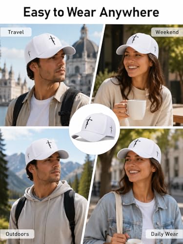 Embroidered Cross Baseball Cap, Christian Adjustable Snapback Hat for Men & Women, Structured Dad Hat with Jesus Faith Design - color: White