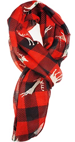 VIVIAN & VINCENT Gift Wrapped Fall Winter Soft Lightweight Holiday Sheer Infinity Christmas Scarf for Women Girls - color: Red Black Buffalo Plaid With Reindeer