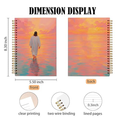 bitCNY Inspirational Christian Notebook – Jesus Walking Into Sunset – Spiritual Faith Journal with Colorful Sky, Spiral Bound 5.5x8.3 Inches - color: white-Pink-Orange Sky