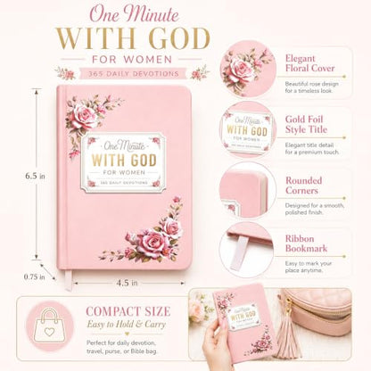 Pink One Minute With God for Women, 365 Daily Devotions Prayer Journal, End of Book Tape Catalogue Design Christian Devotional Book, Inspirational Bible Study Gift for Women, Mom, Sister, Friend