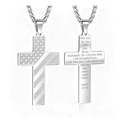 American Flag Cross Necklace for Men, Christian Confirmation Baptism Gifts - color: Silver, style: Isaiah 41:10