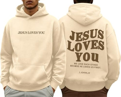 PANOZON Jesus Loves You Hoodie Christian Faith Religious God Tops Man Woman Pullover Sweatshirt Longsleeve - color: 3-beige, size: 3X-Large