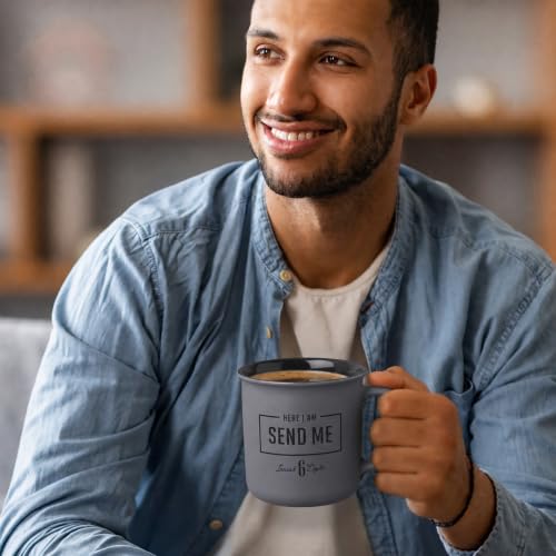 Christian Art Gifts Ceramic Coffee & Tea Scripture Mug for Men: Isaiah 6:8 Bible Verse, Matte Charcoal Gray & Black, 13 oz.