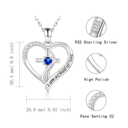 925 Sterling Silver I Am a Child of God Scripture Pendant with Birthstone Heart Cross Communion Necklace for Women Christian Faith Jewelry Gift - color: September