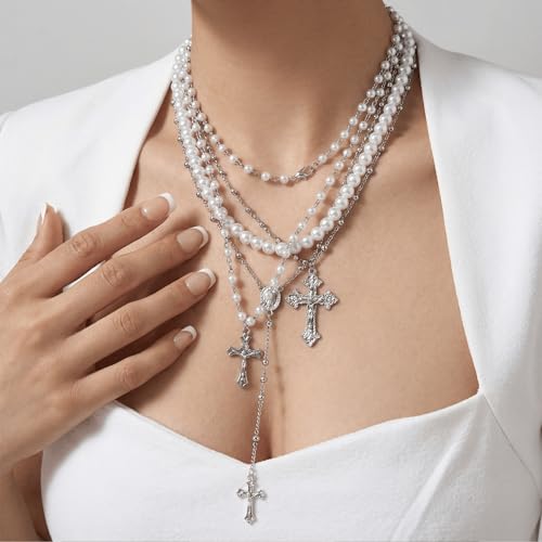 Layered Cross Necklace Silver Set for Women, 4-Piece Chunky Pearl Cross Stack Christian Necklaces, Adjustable Vintage Long Y Boho Gothic Statement Jewelry Gift - style: Silver 2-4Pcs