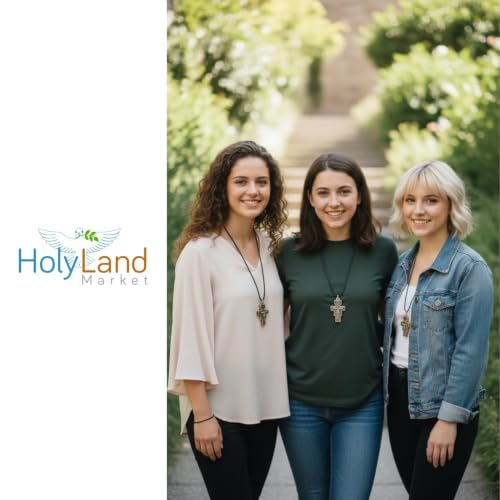 Holy Land Market San Damiano Olive Wood Cross Necklace – 2" Hand-Carved Pendant with Embedded Pewter Crucifix – 30" Leather Cord with Extender – Made in Bethlehem