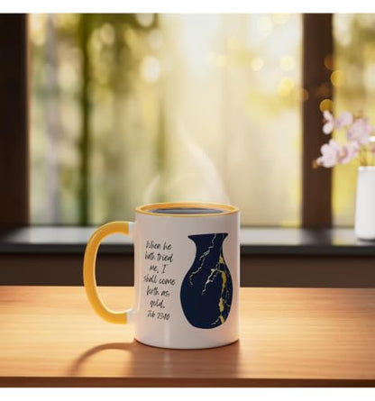 Bible Verse Jesus Christ Kintsugi Vase Gold Job Christian Ceramic Mug, Yellow/White, 11oz - color: Yellow/White, size: 11 Ounces
