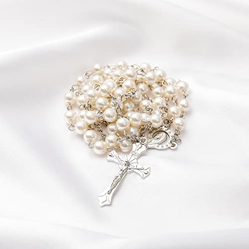 Rosary Beads Catholic - Confirmation Gifts for Teenage Girl, Silver Simple Style Metal Gift Box, White Artificial Pearls Rosary, Gifts for Women - color: 1
