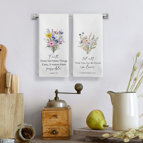 Christian Floral Kitchen Towels Set of 2, Floral Hand Towels for Bathroom Decor, Bible Verse Scripture Wildflowers Decorative Dish Tea Towels for Kitchen, Christian Gifts for Women, 16X24In - color: White-possible