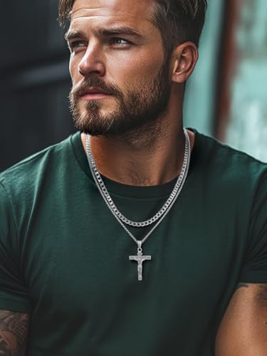 FaithHeart Cross Necklace for Men, Silver/Black/Gold Crucifix Necklace Stainless Steel Pendant with Cuban Chain Jesus Cross Necklaces Religious Gifts for Men - color: 02. INRI Cross-Silver, size: Chain Length 20in/22in