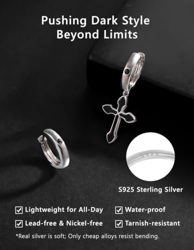 KRKC&CO Dangle Cross Earrings for Men, Sterling Silver Plated Black Drop - color: Silver-C