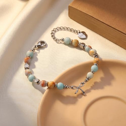 Bracelet for Women Natural Stone Beaded, Stainless Steel Charms, Adjustable - color: 9-Bow