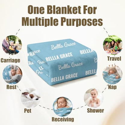 Ships Next Day, Personalized Baby Blanket with Name - Custom Newborn Hospital Swaddle Blanket, Super Soft Plush Flannel Baby Gift for Birth Announcement Shower Easter Gifts for Toddler Kids - color: Light Blue 2