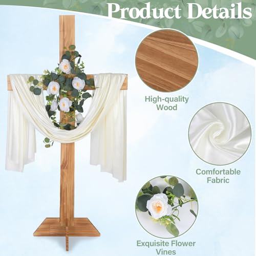 59Inch Large Wooden Cross for Wedding White Ribbon Eucalyptus Garland Brown - color: Brown, size: 59Inch