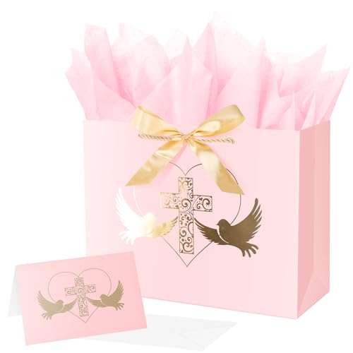 Linelglobal Baptism Gift Bag with Tissue Paper for Girl Pink Cross Gift Bag for Christenings First Communions Religious 12.6"