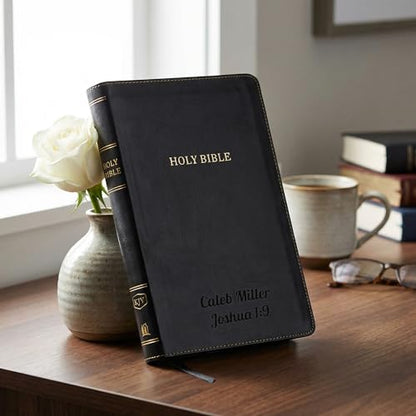 Printualist Personalized KJV Thinline Holy Bible with Name Engraved, Red Letter King James Version, Faux Leather Black Cover, Custom Gift Bible for Christian Celebrations - color: Black (Thinline)