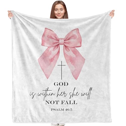 Coquette Pink Bow Christian Blanket, Christian Gifts for Women, Preppy Pink Bow Religious Bible Verse Throw Blankets for Girly Room Bedroom Dorm Apartment Couch Sofa, 50x60 Inches - color: Pink Bow