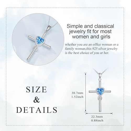 S925 Sterling Silver Cross Necklace for Women Birthstone Necklace Heart Infinity Cross Pendant Necklace Christmas Valentines Day Gifts Birthday Holiday Gifts for Her, 18"+2" Inches - color: 12-Dec Birthstone - Blue Topaz