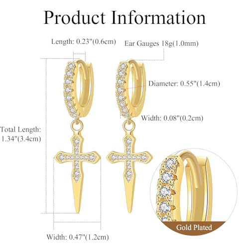 Cupimatch 3-6 Pairs Stainless Steel Cross Dangle Huggie Hinged Hoop Earrings for Men Women (1 Pair Silver Cross) for Mother's Day - color: gold-3pack