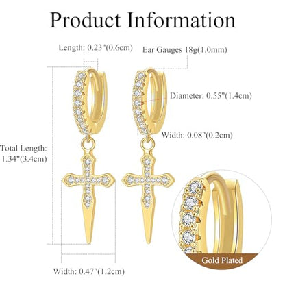 Cupimatch 3-6 Pairs Stainless Steel Cross Dangle Huggie Hinged Hoop Earrings for Men Women (1 Pair Silver Cross) for Mother's Day - color: gold-3pack