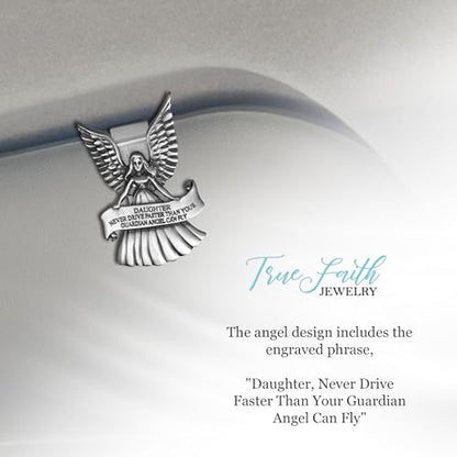 True Faith Jewelry Never Drive Faster Than Your Guardian Angel Can Fly Daughter Visor Clip, Great New Driver Gifts from Mom and Dad, Fine Pewter (92% Tin) - size: Daughter 3