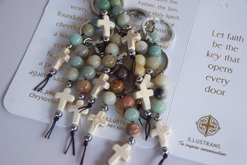 Christian Cross Keychain - Natural Stone Beaded Faith Gift for Baptism, Confirmation or Christmas - color: Multi Colour