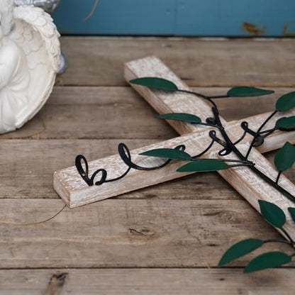 NIKKY HOME Wall Cross, Rustic Wooden Cross With Metal Leaves - color: Blessed