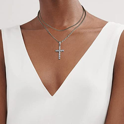 GEMOSA Cross Necklace for Men, Cuban Link Layered Rope Chain Silver/Gold/Black - color: Silver, size: 16/18 inch