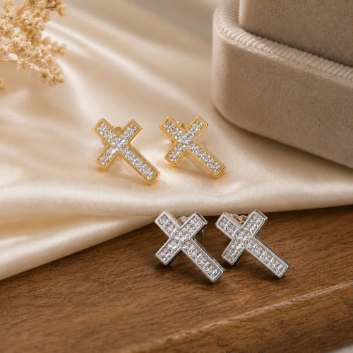 Dainty Cross Stud Earrings for Women, S925 Silver posts gold plated - color: Yellow Gold