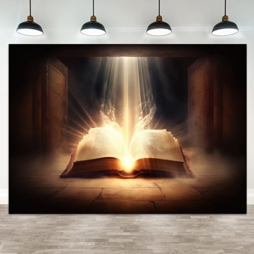 7x5ft Bible Backdrop Holy Glowing Opened Book Photography Background Jesus Christ Christian Religious Belief Church Sanctuary Baby Shower Banner Decorations Easter Portrait Photo Booth Prop - size: 7x5ft