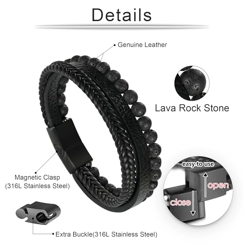 Beaded Leather Bracelets - Gifts for Men, 6mm Tiger Eye Lava Rock Stone Beads Braided Leather Bracelet Handmade Mens Bracelet With Adjustable Magnetic Clasp - color: Black-1