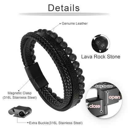 Beaded Leather Bracelets - Gifts for Men, 6mm Tiger Eye Lava Rock Stone Beads Braided Leather Bracelet Handmade Mens Bracelet With Adjustable Magnetic Clasp - color: Black-1