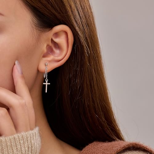 925 Sterling Silver CZ Moon Cross Heart Teardrop Chain Earrings for Women - color: Cross-Silver