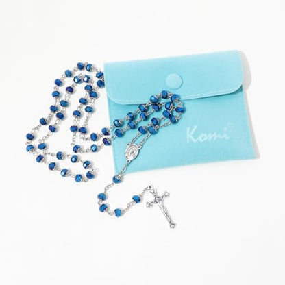 KOMI Rosary Beads Catholic for Women Gemstone Rosary Beads Necklace with Crucifix Cross Crystal Pearl Rosary Rosarios Catolicos Catholic Gifts - style: Deep Blue Crystal