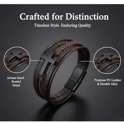 Stainless Steel Braided Leather Bracelet for Men Cuff Bangle Cross - color: Brown&Black