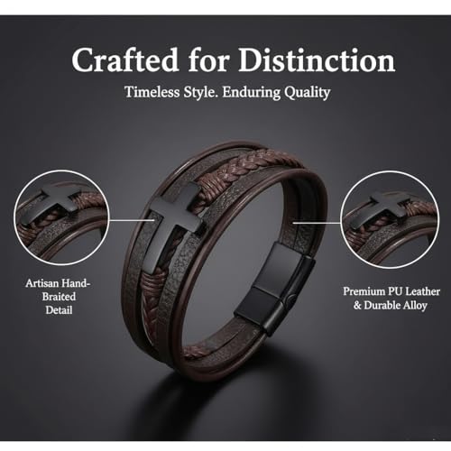 Stainless Steel Braided Leather Bracelet for Men Cuff Bangle Cross - color: Brown&Black