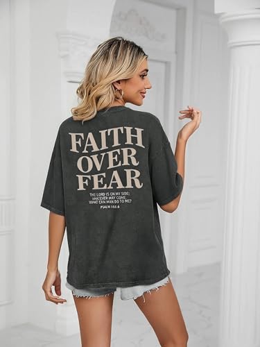 Faith Over Fear Shirt for Women Graphic Shirts Oversized Graphic Christian Tshirts Tees Tops - color: Gray, size: Medium